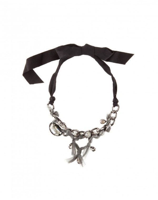 Dây đeo cổ bằng vải ribbon đen lung linh với pha lê và đồng cùng tông màu